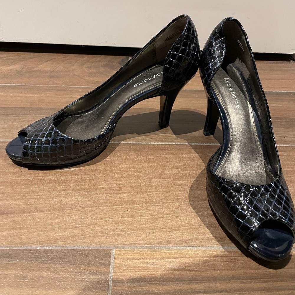 Vintage Liz Claiborne Dark Blue Croc-Embossed Peep Toe Heels